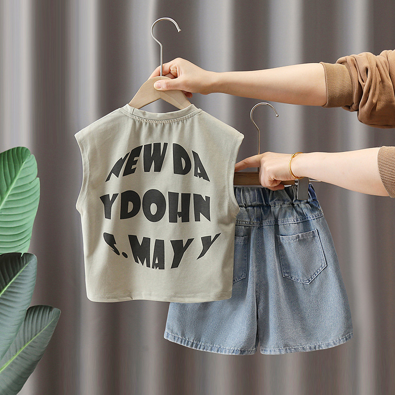 7265 Traje de verano para niños 2025 nueva ropa sin mangas de verano para niños chaleco fino de dos piezas de verano