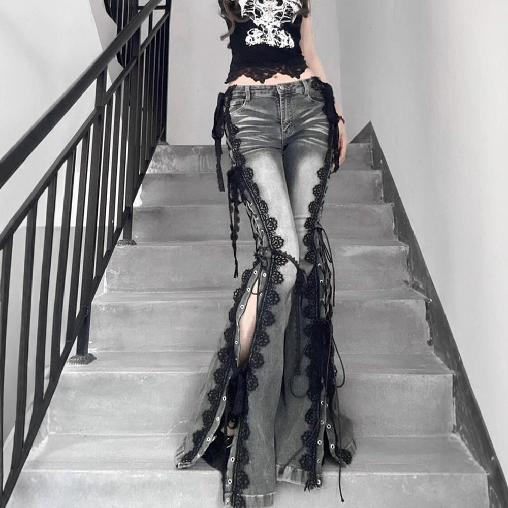 Retro lace belt, denim jeans, small design trousers, 2 carat, American style, slim fit