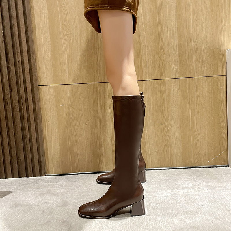 2024 Brown Long Boots Women's Thick Heels Square Head Slim and Tall Tube Thick Legs Knight Boots Elastic Long Tube Spring and Autumn Style_voghion.com