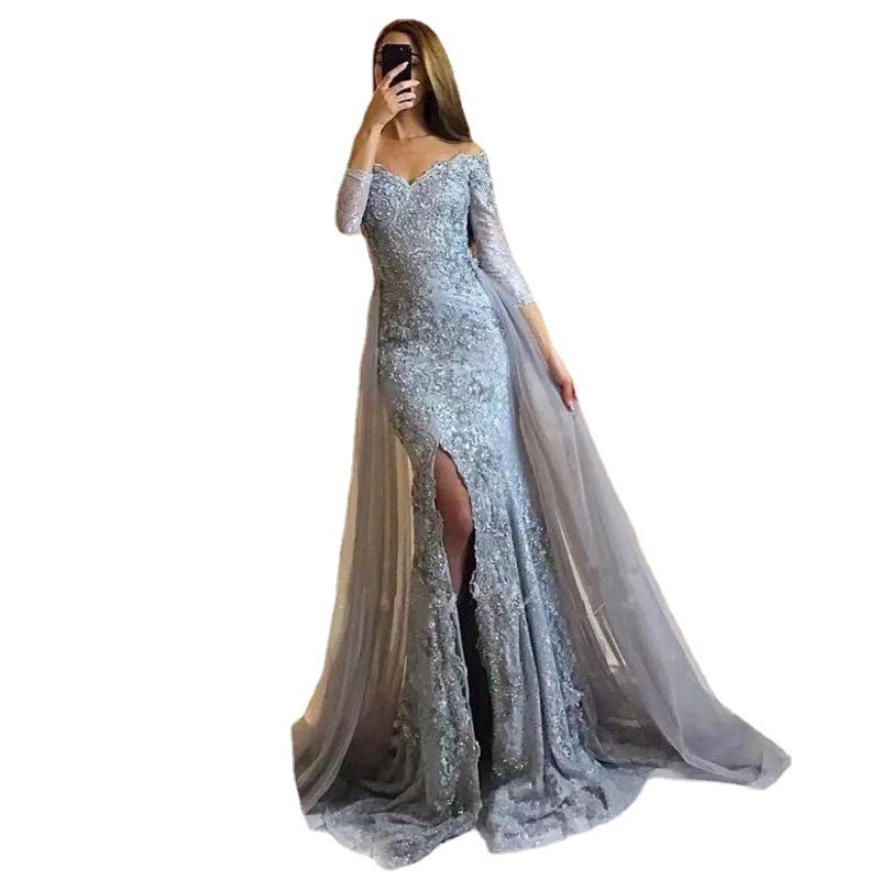 Comercio exterior europeo y americano Amazon AliExpress deseo vestido de noche de las mujeres cola de pez malla trailing Vestido de manga larga image 5