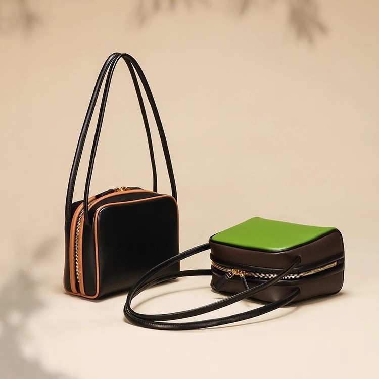 Women's 2025 New Arrival Niche Genuine Leather Small Square Bag Contrast Color Commuter Handbag Shoulder Underarm Baguette Bag - Thumbnail 2