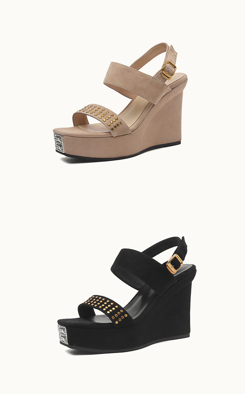 Sandal cao gót nữ mũi vuông hở ngón, đế xuồng 10 cm, phong cách La Mã đinh tán — màu đen, màu mơ chi tiết 9