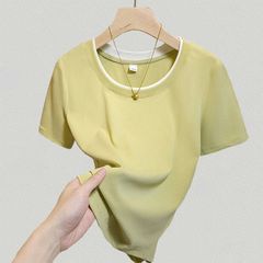 純綿プラスサイズレディース夏新作フェイクツーピースコントラストカラー半袖Tシャツレディース右肩ラウンドネックカバー肉痩せトップ