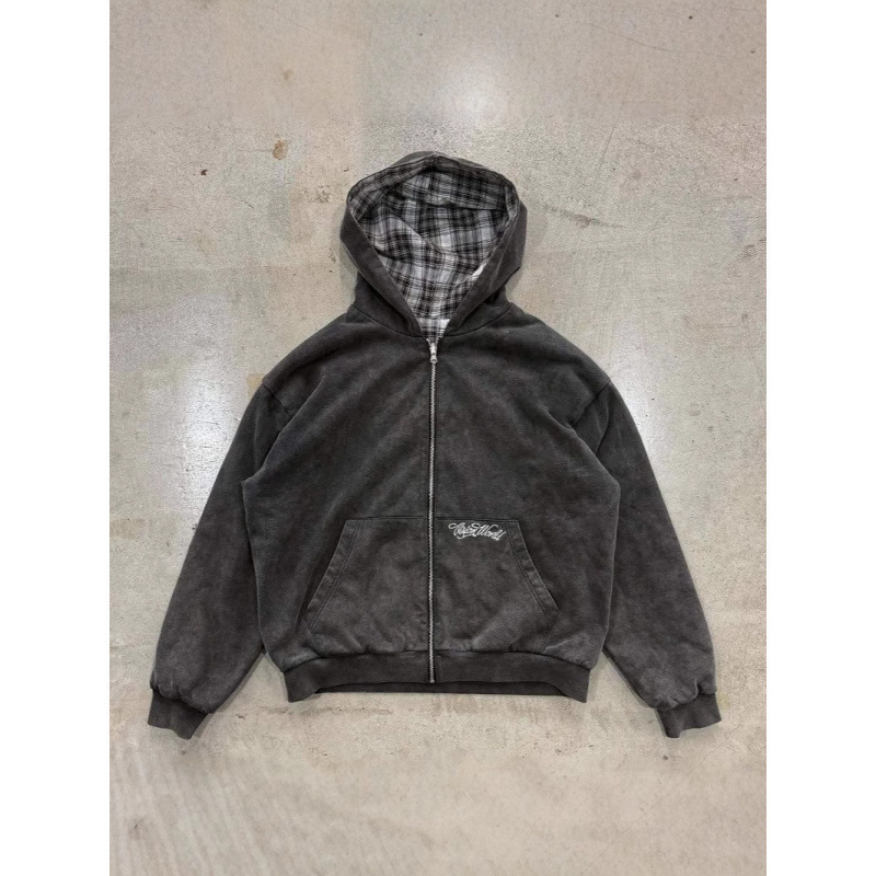 Cross-Border Street Hooded Sweatshirt Jacket Autumn Trendy Brand Loose Plaid Splicing Casual Personalized Cardigan Double-Sided Sweatshirt Cross-Border Street Hooded Sweatshirt Jacket Autumn Trendy Brand Loose Plaid Splicing Casual Personalized Cardigan Double-Sided Sweatshirt