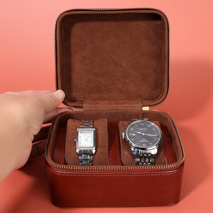 Cross-border New Watch Pillow Watch Box Double PU Brown Retro Portable High-end Flip Watch Protective Display Box