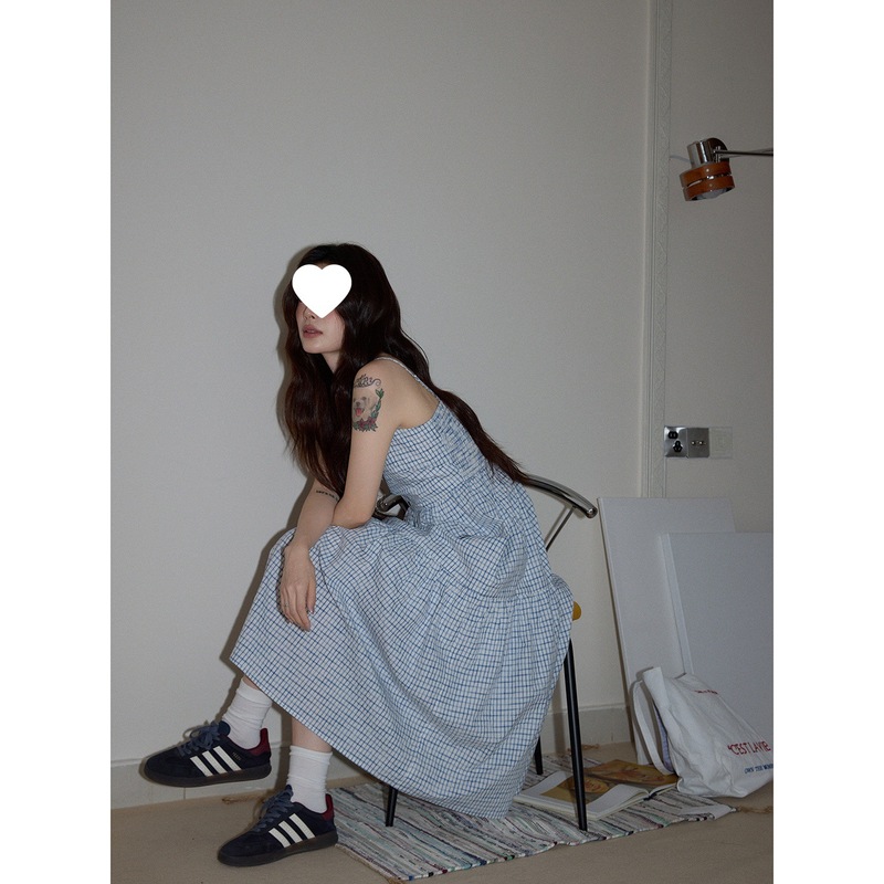 跨境韩系蓝色格子吊带连衣裙女5秋气质腰修身A字背心长裙网|undefined