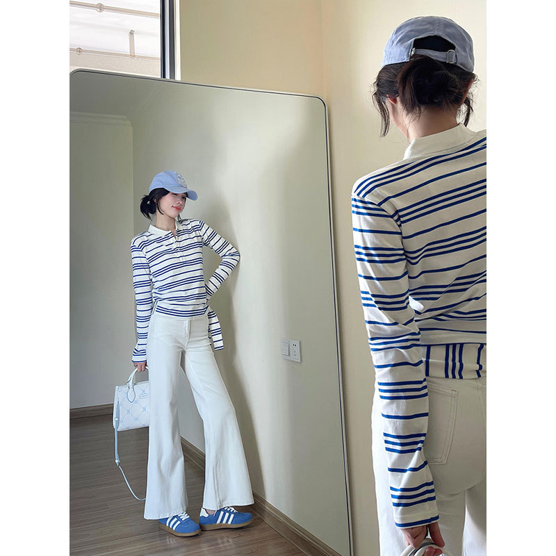[21 Pieces of Pure Cotton] Korean Style Polo Collar Blue Stripesd Long-Sleeved T-Shirt for Women Autum New Niche Ribbon Lazy