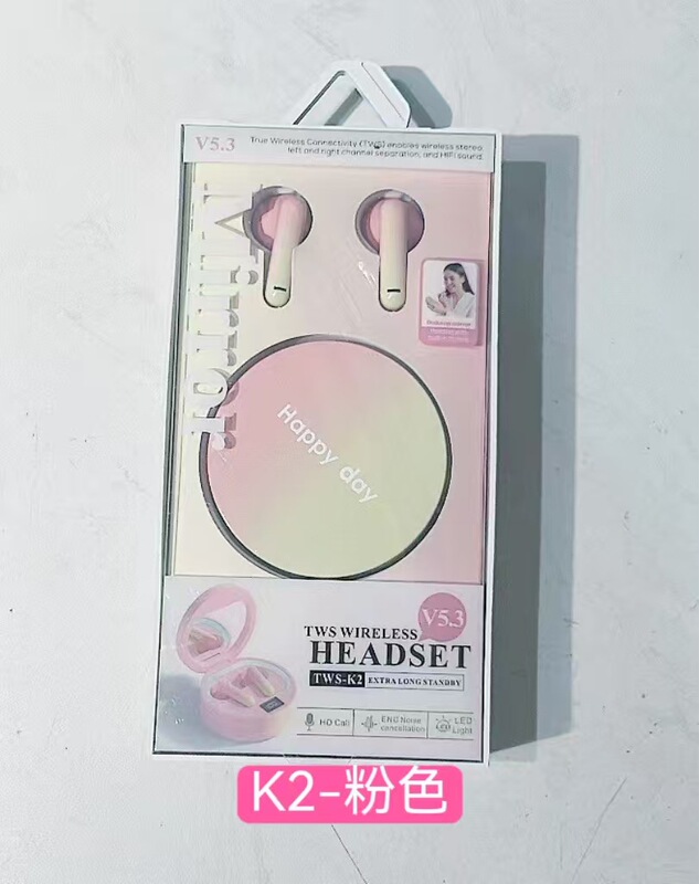 新品TWS-K2时尚渐变色带电显镜面耳机礼品收纳盒耳机 马卡龙少女|undefined