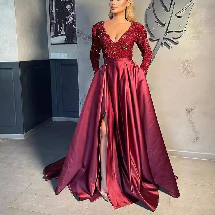 European and American Cross-Border New Amazon One-Shoulder Long-Sleeved Sequin V Neck Large Hem Sequined Slit Long Skirt Evening Dress