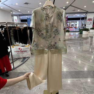 New Chinese Style Mom Tencel Shirt Casual Pants Two-Piece Summer Suit New Style Foreign Style Noble Middle-Aged and Elderly Pants Suit