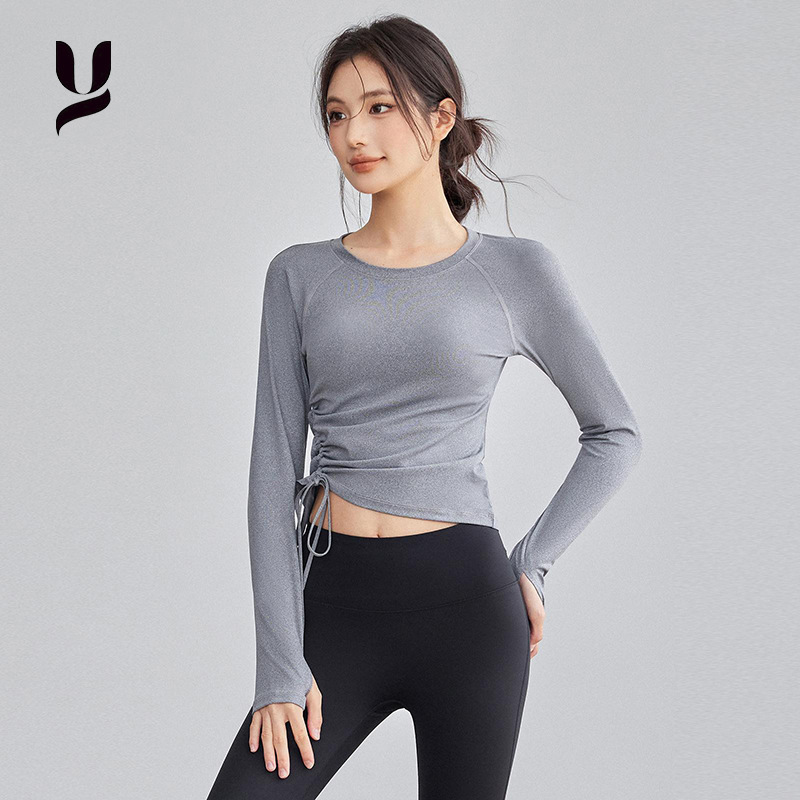 瑜伽服女2025春秋长袖抽绳上衣紧身纯色显瘦健身普拉提训练服女|undefined