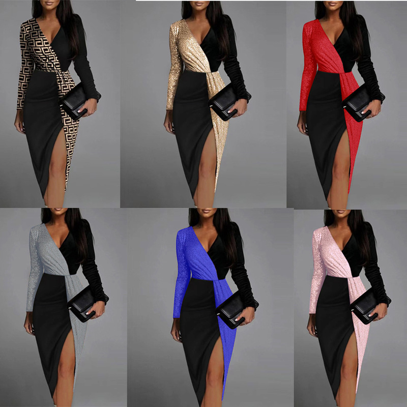 Europe and the United States cross-border new summer black temperament commuter color matching sequins small temperament high waist v-neck long sleeve dress