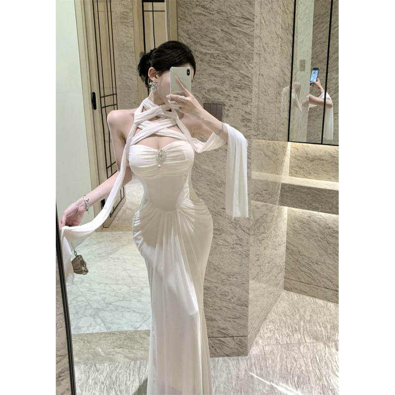 Greek Goddess Heavy-Duty Diamond Halter Dress Gentle Pure Desire Daughter Fishtail Long Dress Mesh Ribbon Evening Dress