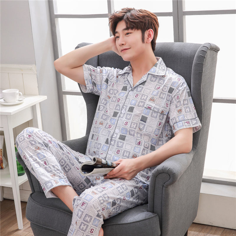 Pijamas de hombre Pijamas de manga corta de verano de algodón delgado para hombres jóvenes y de mediana edad sueltos de primavera y verano traje de desgaste para el hogar