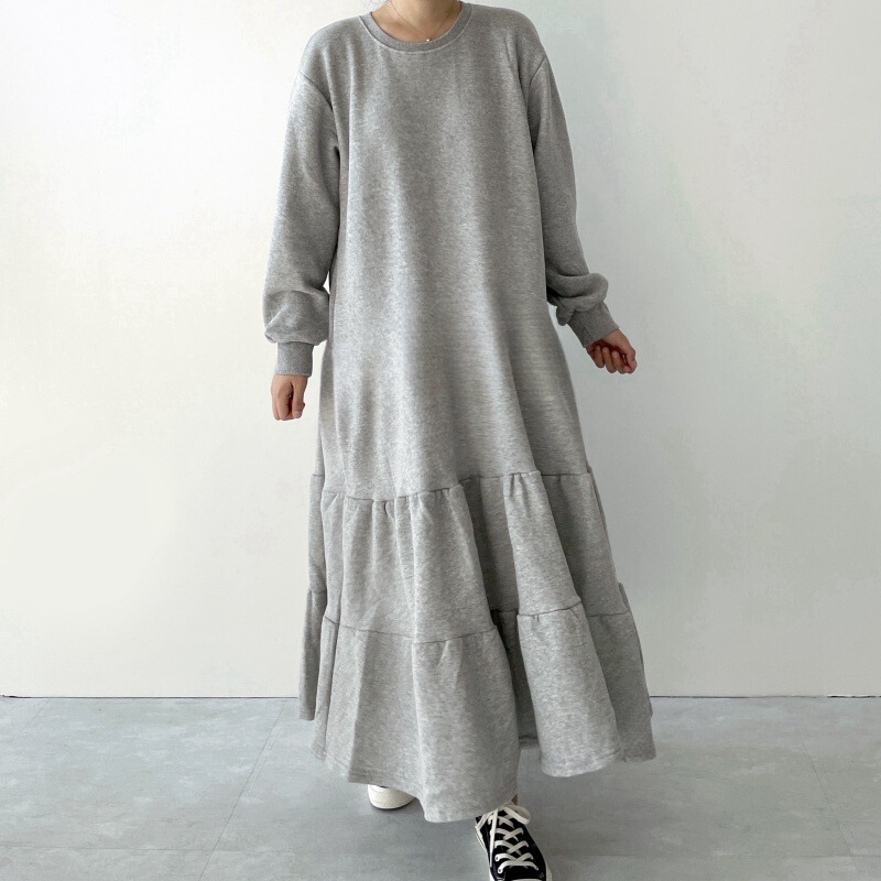2025 Spring and Summer Korean and Japanese Style Loose Mid-Length Spliced ​​Ruffled Skirt Sweatshirt Dress Long-Sleeved Knee-Length Skirt