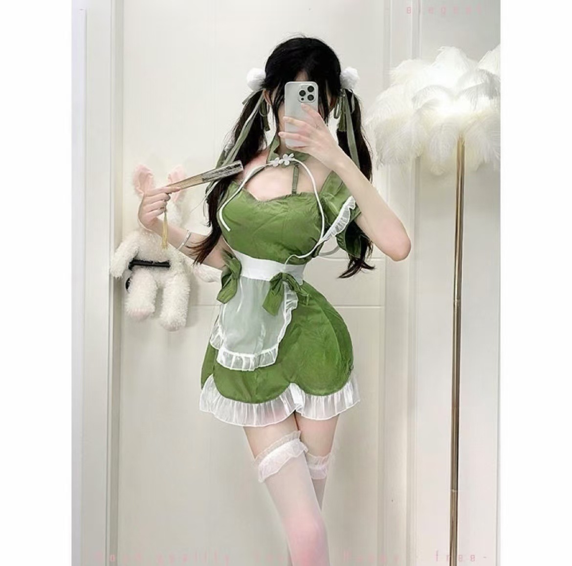 Lolita Maid Costume Set with Lace Apron and Ruffle Thigh-high Stockings, One Size — detail image 2