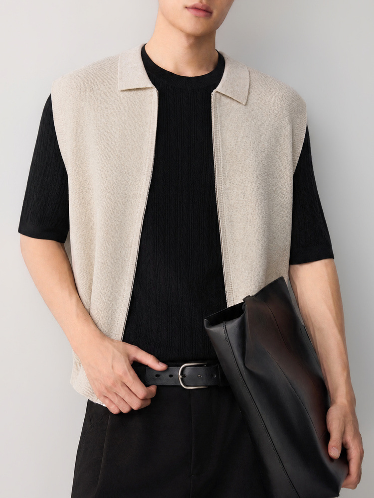 Áo gile len nam pha linen dáng cardigan khóa kéo phong cách công sở — đen chi tiết 4