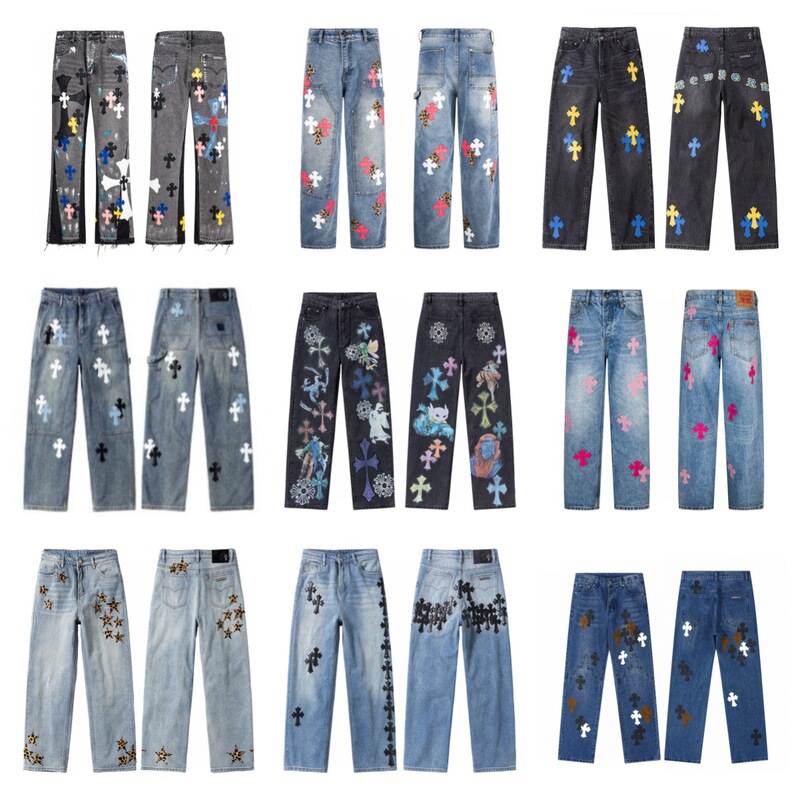 New Trendy Ch Cross Leather Label Washed Jeans Couple Street Loose Spring and Autumn Straight Pants Unisex