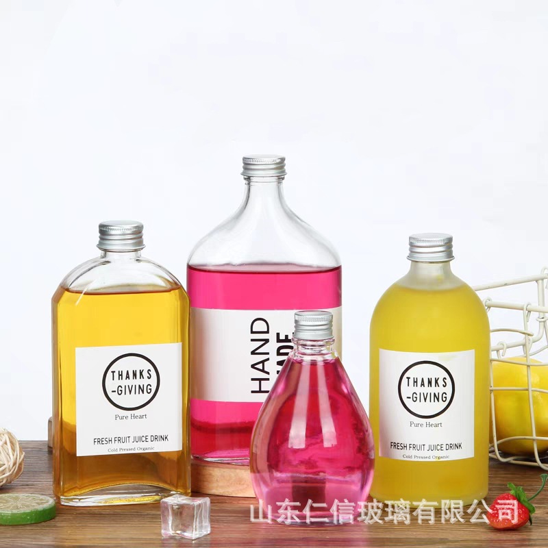 透明玻璃饮料酒水瓶斜肩玻璃瓶网红带盖咖啡奶茶瓶扁形果汁饮料瓶