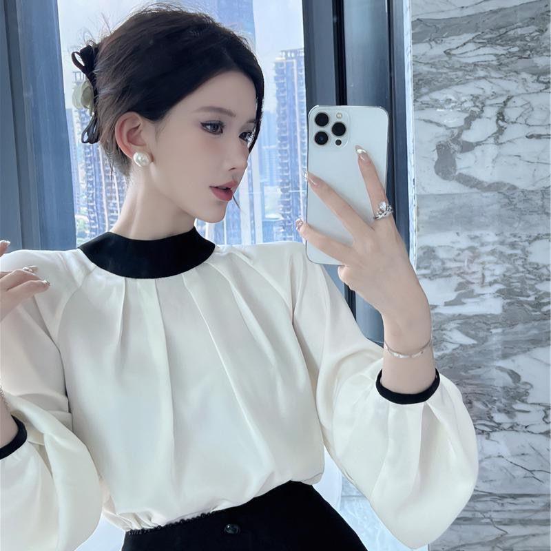 显瘦名媛早秋气质飘带女衬衣灯笼袖修身韩版撞色圆领上衣衬衫复古