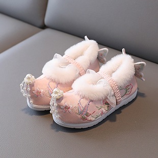 Girls' Ancient Costume Embroidered Shoes Autumn and Winter New Style Plush Rabbit Fashion Cloth Shoes Kidsren's Han Dynasty Cotton Shoes New Year's Shoes