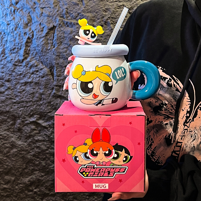 Taza de cerámica para niñas y niños con tapa, pajita, lindo regalo de cumpleaños, taza de agua para parejas en casa