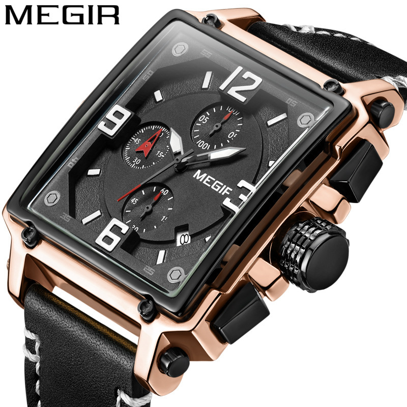 MEGIR MEGIR Watch Men's Retro Fashion Square Multifunctional Calendar Genuine Leather Men's Quartz Watch 2061