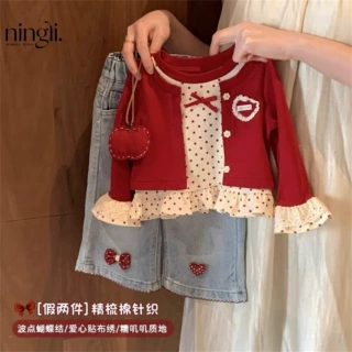 柠里女童甜美套装2026春秋装小童女宝宝假两件上衣阔腿裤时髦韩系