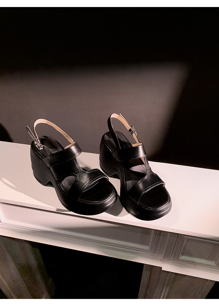 Sandal cao gót nữ hở mũi đế xuồng phong cách La Mã — màu đen, màu trắng ngà chi tiết 17