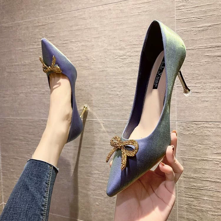 Обувь с острым носком, модные туфли на каблуке с бантом, корейский стиль