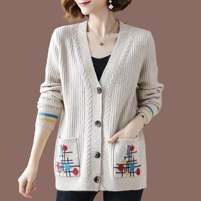 Fashionable Autumn and Winter Women's New Style Middle-Aged and Elderly Mother's Sweater Outer Wear Knitted Thickeneded Cardigan Loose Jacket