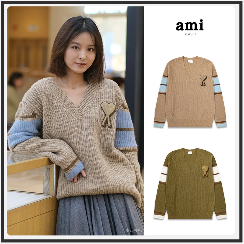 Ami Knitwear V Neck 2025 Autumn and Winter New Loose Heart Towel Embroidered Jacquard Adc Woolen Knitwear for Men and Women Couples