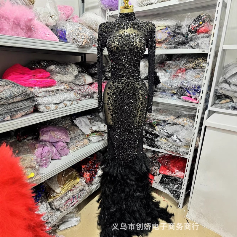 European and American Style Half-High Collar Long-Sleeve Slim-Fit Rhinestone Embellished Gown, Floor-Length Feather Evening Dress for Stage Performances