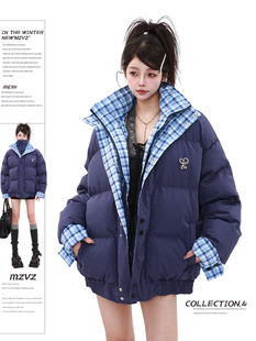 Mzvz American-Style Faux Two-Piece Plaid Patchwork down Cotton Jacket for Women, Winter Thickened Puffer Coat, Cotton-Padded Jacket, Outerwear