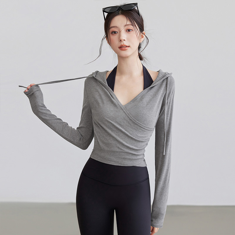 V Neck Hooded Yoga Clothes for Women Running Pilates Sports Long-Sleeved Training Fitness Early Autumn Tops T-Shirt Fitness Clothes