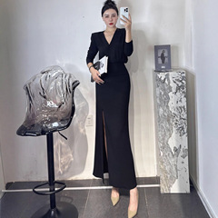 6696大码女装秋装新款连衣裙胖妹妹高级感显瘦高腰开叉裙子