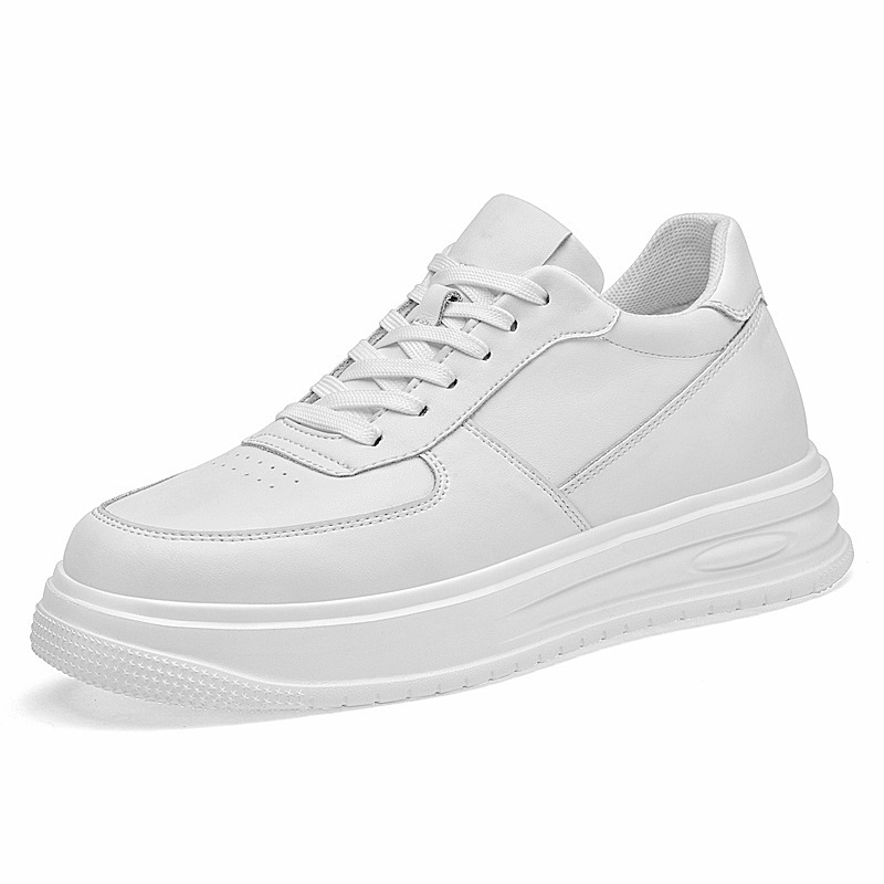 Invisible Height Increase 8cm Autumn New Men's Fashion Casual Low-Top Cowhide Thick-Soled Inner Heightening Round-Toe Sports White Shoes