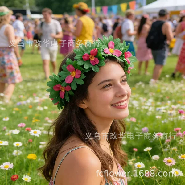 Hawaiian Seaside Beach Vacation Floral Wreath Hair Accessory, Forest-Style Bride and Bridesmaid Artificial Flower Headpiece, Photo Shoot Prop
