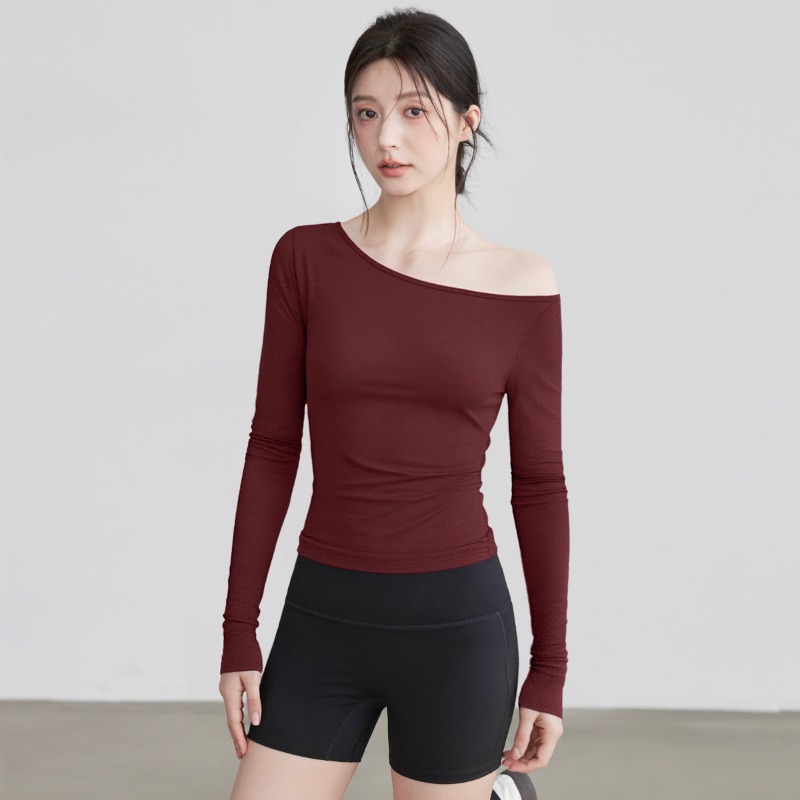 Nieuwe yogakleding voor dames: T-shirt met lange mouwen, schuine kraag, off-shoulder top, afslankende bodysuit, sporttraining_voghion.com