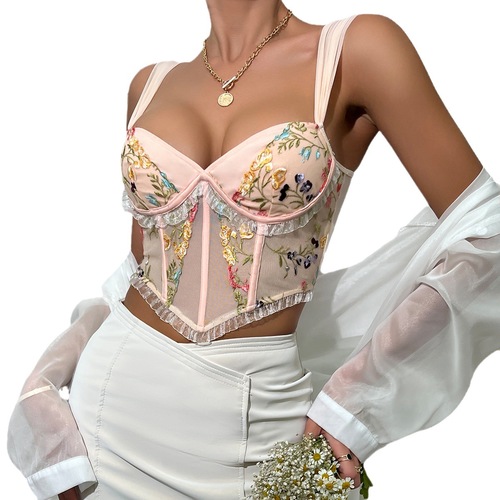 Summer cross-border new ins style embroidered lace fungus sexy V-neck wide shoulder strap fishbone bra K0314