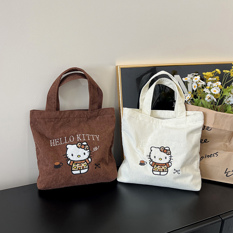 刺繍キティハンドバッグクロスボーダーハンドキャリーオフィスかわいい大容量多用途コーデュロイスモールバッグキティ猫|undefined