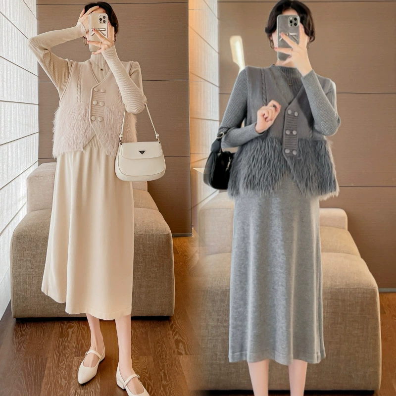 Реальный выстрел 2024 осень и зима новая беременная легкая роскошная талия тонкая и толстая жилет с длинными рукавами платье вязание из двух частей