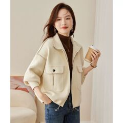 毛呢外套女春秋装2025年新款仿双面呢开衫外套女针织拼接短款上衣