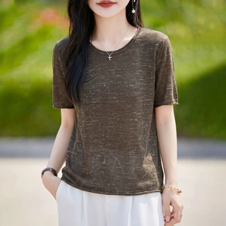 老钱风亚麻夹花针织短袖T恤女夏薄舒适透气圆领小衫宽松显瘦上衣