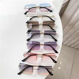 欧美新款跨境方形无框太阳镜男女日韩小框方形切边墨镜超轻遮阳镜