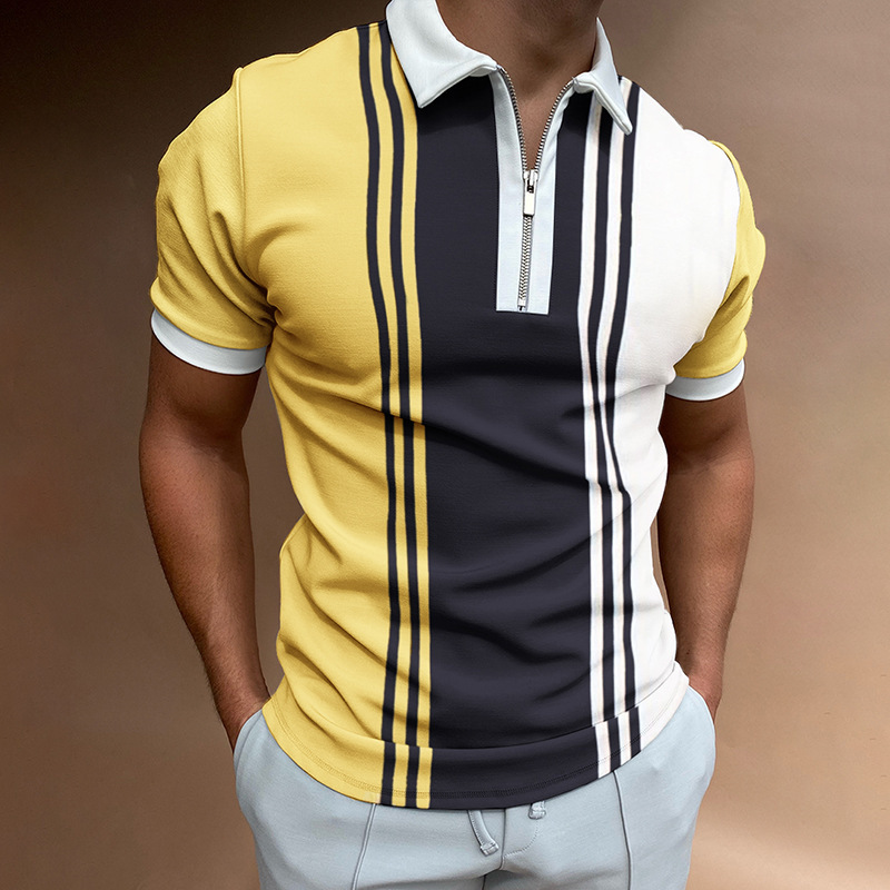 Camiseta Polo Casual de Manga Corta con Cuello Polo, Estilo Europeo y Americano, a Rayas Caqui, en Existencia, Popular en Europa y América