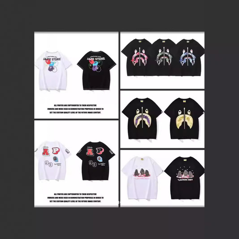 Wholesale in Stock 2024 New Cross-Border Bape Ape Head Shark 3D Digital Print Short-Sleeve T-Shirt Japanese Fresh Style