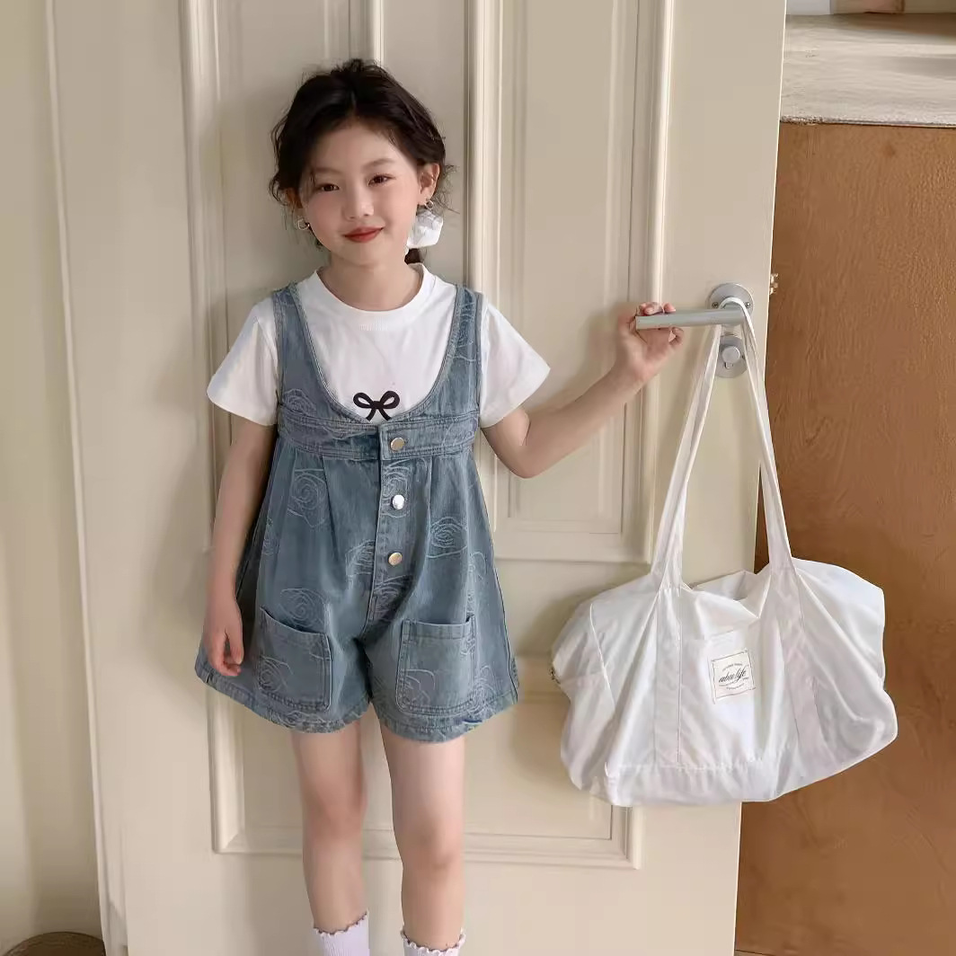 Children's Summer 2024 Flower Denim Overalls for Girls - Big Kids, Cute Pants for Little Girls, Kids' Shorts