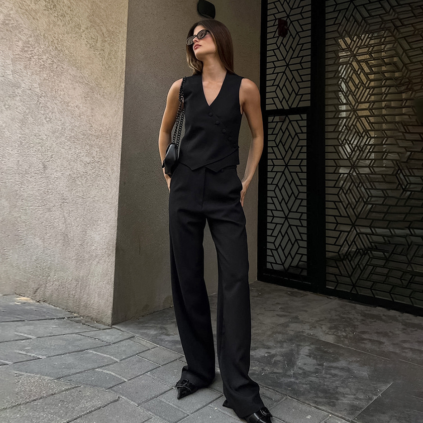 Women's Clothing commuting apricot cotton and linen vest vest wide leg pants two piece suit female 2024 summer deconstruction design suit_voghion.com
