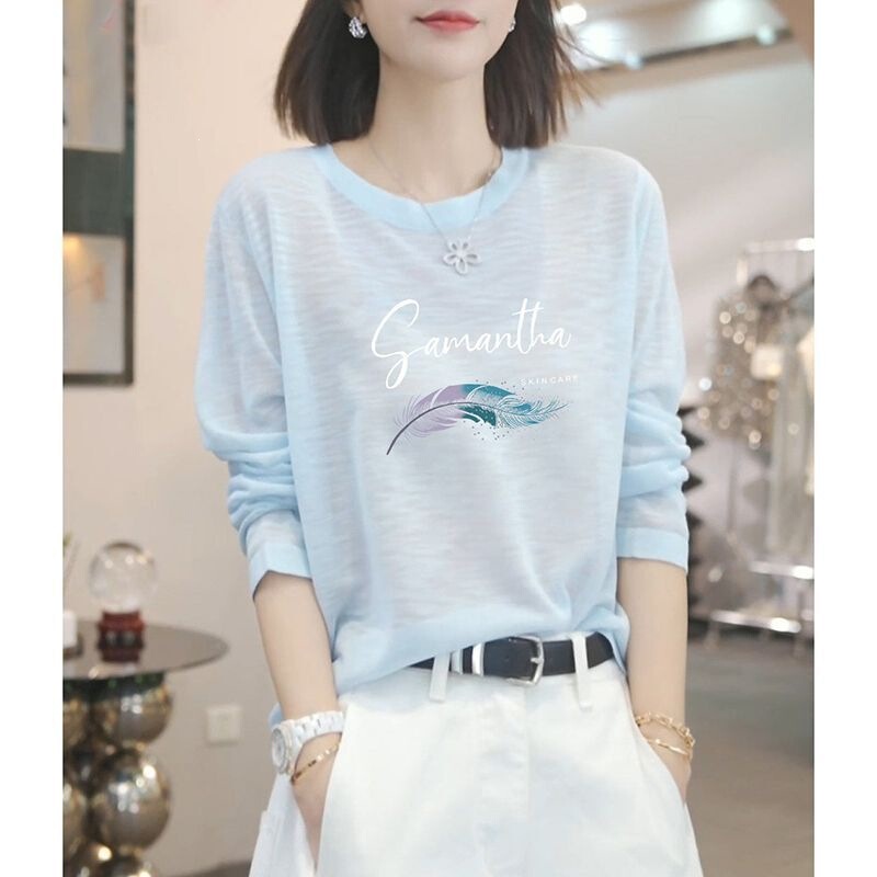 2026 Summer Light Blue Long-Sleeved Bottoming Shirt T-Shirt for Women with Loose Design, Beautiful and Fashionable Printed Top Blouse